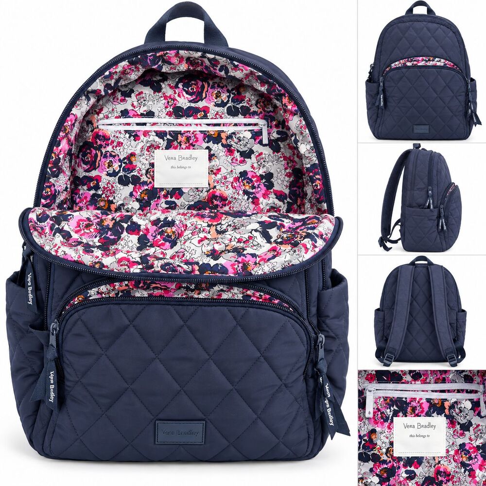 Vera Bradley Navy Blue Quilted Backpack Floral Lined Travel School Bag